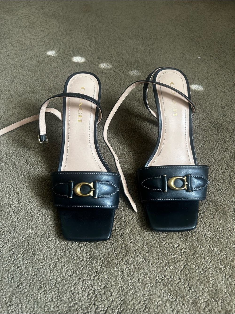 Coach Black Leather Heeled Sandals with Gold Hardware